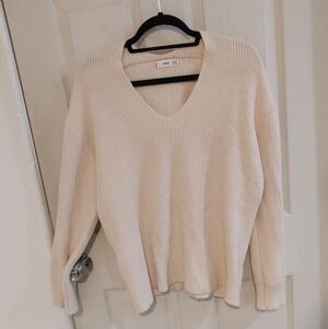 Mango Women's V Neck Off- White Cream Sweater Size M